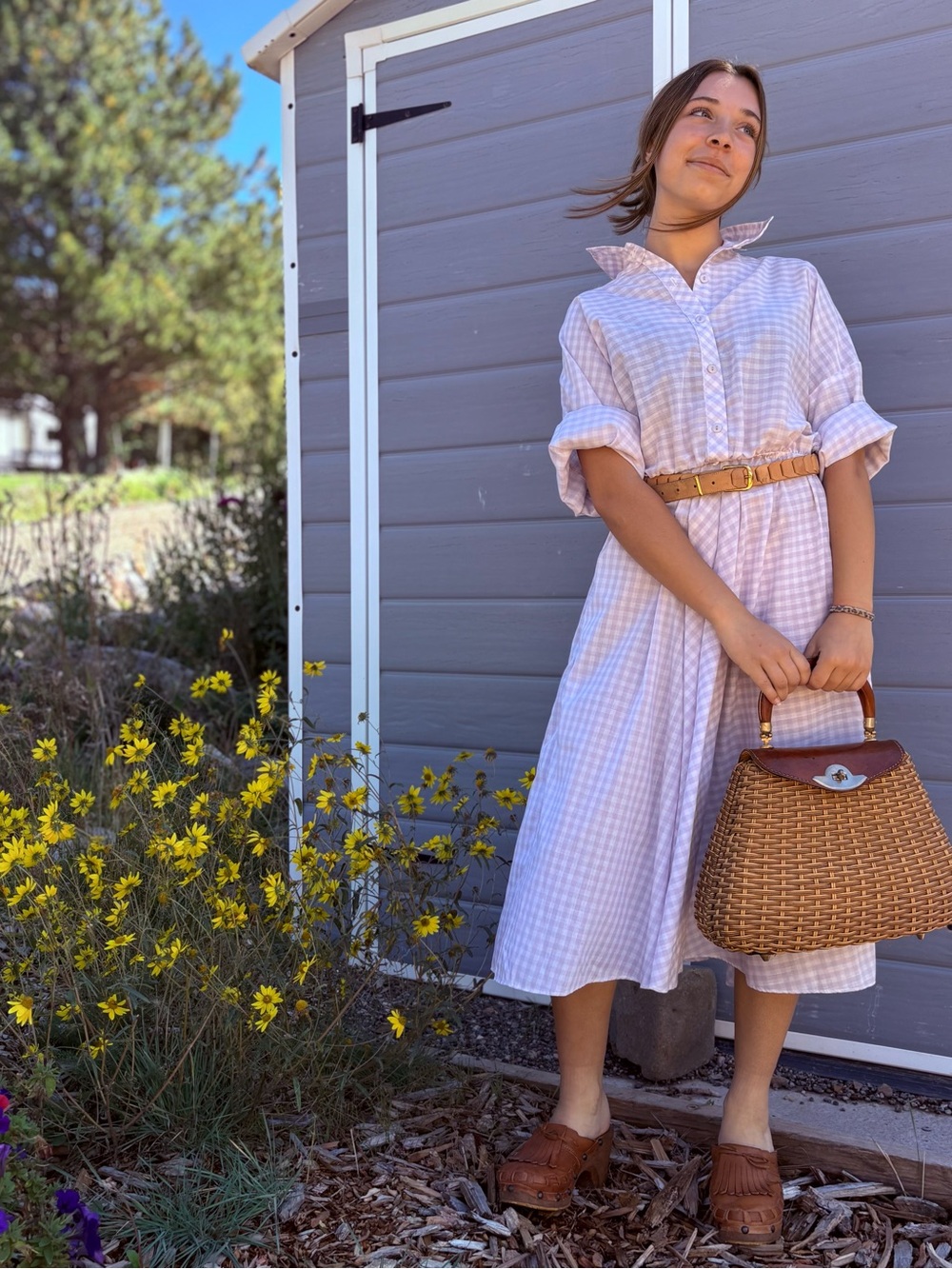 Vintage Light Lavender Gingham Button-Down Shirt Dress (belt not included)